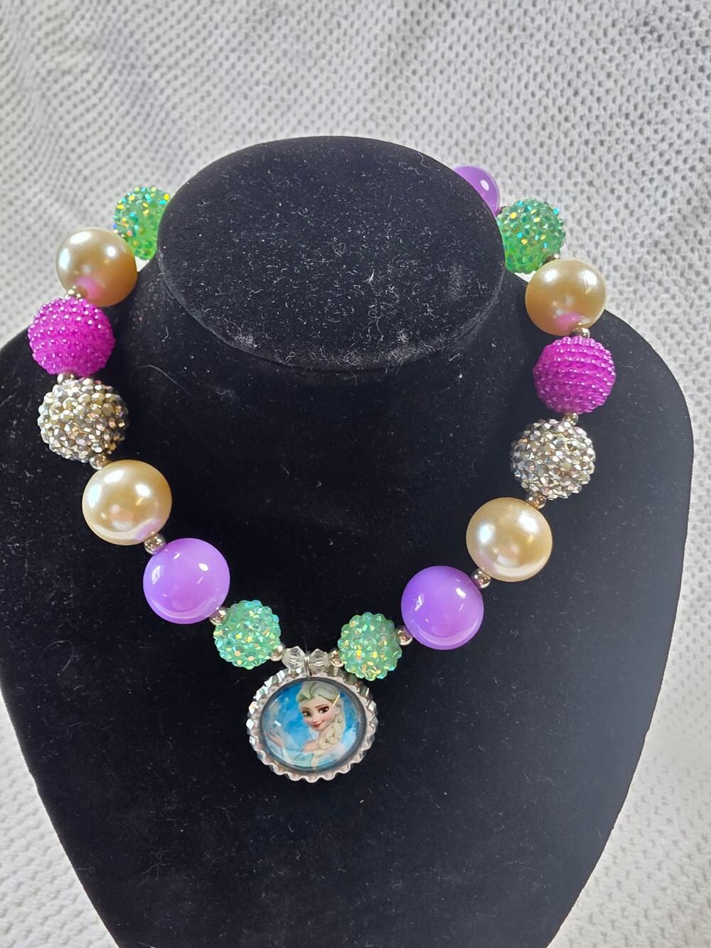 Girls Chunky Bubblegum Necklace 16"/ Purple, Pearl & Turquoise